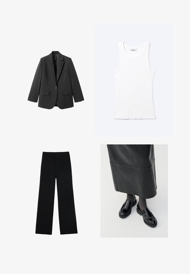 Zwart colbert van gladde stof, met een inkeping op de revers, enkele knoopsluiting en twee voorzakken. Eenvoudig, op maat gemaakt ontwerp.; Wit mouwloos geribd tanktopje met ronde hals en een klein label met daarop "WEEKDAY" aan de binnenkant van de kraag.; Zwarte wijd uitlopende broek met knoop- en ritssluiting aan de voorkant, platte tailleband en een getailleerde pasvorm.; Zwarte leren loafers met een gladde afwerking, voorzien van een decoratieve band, ronde neus en gestructureerde zool. Draagt met een lange zwarte leren rok.