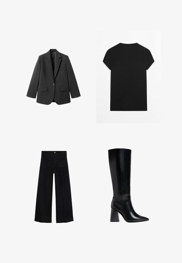 Sort blazer lavet af glat stof med en hakket revers, enkelt knaplukning og to forlommer. Enkel, skræddersyet design.; Sort kortærmet bomulds-T-shirt lagt fladt, vist bagfra med rund halsudskæring, på hvid baggrund.; Bredde ben sorte denim bukser med høj talje, forlommer, bæltesløjfer og knaplukning.; Sorte knæhøje støvler lavet af glat læder, med spids tå og en blokhælc med lodrette striber. Minimalistisk design.
