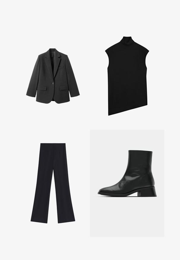 Sort blazer lavet af glat stof med en hakket revers, enkelt knaplukning og to forlommer. Enkel, skræddersyet design.; Sort ærmeløs rullekrave top med lige kant og brede ærmegab, vist fladt på en hvid baggrund.; Sorte vidde bukser med høj talje og forreste folder, vist på en ensfarvet hvid baggrund.; Sort ankelstøvle lavet af blank læder, med et strømlinet design, spids tå og en moderat blokhælhøjde for stabilitet.