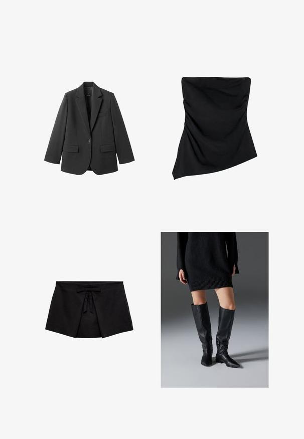 Sort blazer lavet af glat stof med en hakket revers, enkelt knaplukning og to forlommer. Enkel, skræddersyet design.; Sort stropløs top med asymmetrisk kant og diskrete opsamlinger i siderne, designet til et tætsiddende look.; Sort mini nederdel i omslagsstil med frontfælde detaljer og en lille bundet sløjfe ved taljen.; Sorte læderstøvler over knæet med spidse tæer, flade såler og lynlåse i siden. Glat tekstur, elegant design uden pynt.