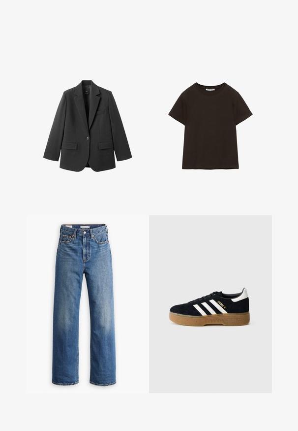 Schwarzer Blazer aus glattem Stoff mit Reverskragen, Ein-Knopf-Verschluss und zwei Vorderentaschen. Einfaches, maßgeschneidertes Design.; Schlichtes schwarzes T-Shirt mit kurzen Ärmeln und Rundhalsausschnitt, flach liegend, mit sichtbarem Halsbandetikett.; Hellblaue Jeans aus Denim mit hoher Taille, weitem Bein, klassischem Fünf-Taschen-Design und subtilen Verwaschungen im Stoff.; Schwarzer Wildledersneaker mit weißen drei Streifen und goldfarbenem Logo. Gummisohle mit strukturiertem Grip. Klassisches Low-Top-Design, abgerundete Zehenkappe.