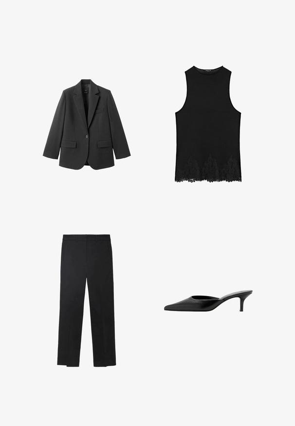 Sort blazer lavet af glat stof med en hakket revers, enkelt knaplukning og to forlommer. Enkel, skræddersyet design.; Sort ærmeløs top med rund halsudskæring og blondedetalje ved kanten, lagt fladt på en hvid baggrund.; Sorte bukser lavet af et glat stof, med en lige ben-snit, bæltestropper og to forlommer. Skræddersyet design med rene linjer.; Sort læder mule med spids tå, lav, slank hæl og design uden hæl, som man nemt kan træde i.