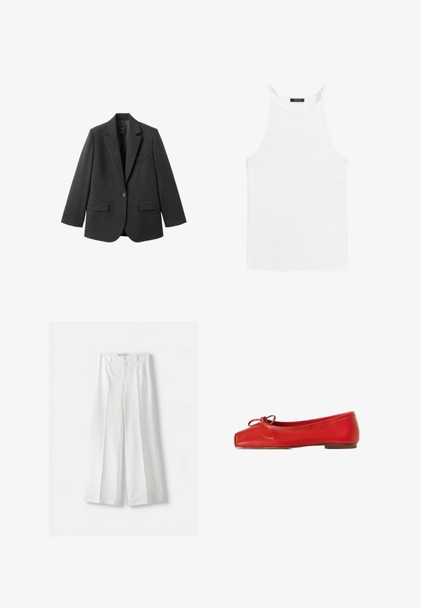 Sort blazer lavet af glat stof med en hakket revers, enkelt knaplukning og to forlommer. Enkel, skræddersyet design.; Hvid ærmeløs top med tynde stropper og høj halsudskæring, lagt fladt på en hvid baggrund.; Hvide brede bukser med høj talje, midterfold og klassisk knaplukning. Fremstillet af glat stof med en skræddersyet design.; Røde læder balletflade sko med firkantet tå, dekoreret sløjfe på forsiden og en lav, rund hæl. Glat tekstur og enkelt design.