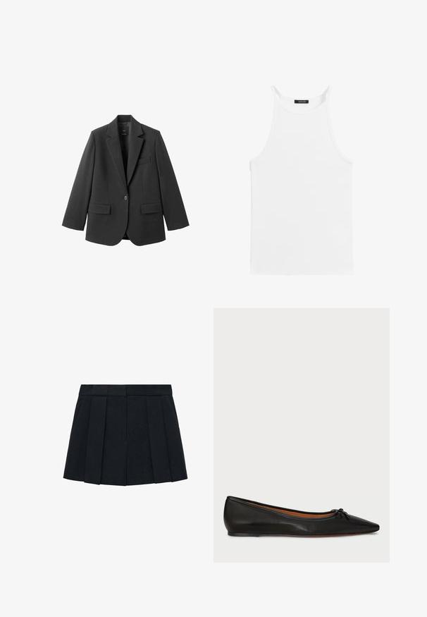 Zwart colbert van gladde stof, met een inkeping op de revers, enkele knoopsluiting en twee voorzakken. Eenvoudig, op maat gemaakt ontwerp.; Witte mouwloze tanktop met dunne bandjes en een hoge halslijn, plat gelegd op een witte achtergrond.; Zwarte geplooide rok van een stof met een gladde textuur. Beschikt over een gestructureerde tailleband en meerdere verticale plooien voor definitie.; Zwarte leren balletschoenen met een spitse neus, slanke silhouet en een klein strikdetail aan de voorkant. Gladde textuur en minimalistisch ontwerp.