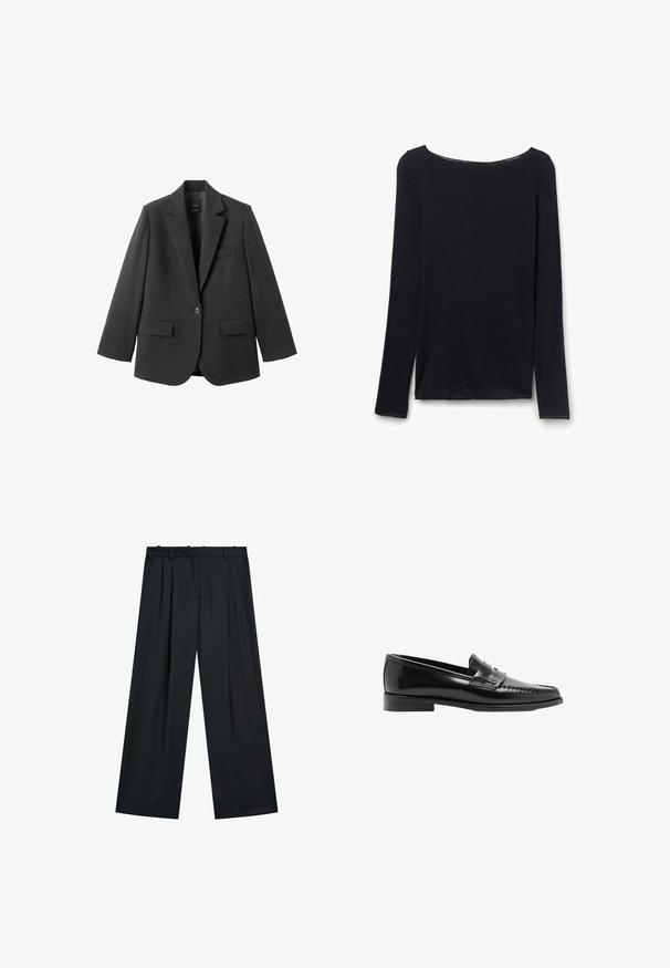 Blazer noir en tissu lisse, doté d'un revers cranté, d'une fermeture à un bouton et de deux poches avant. Design simple et ajusté.; Chemise noire à manches longues avec un large décolleté bateau, silhouette ajustée et tissu léger, présentée sur fond blanc.; Pantalon large noir avec une devant plissé, une taille avec passants de ceinture et des poches latérales. Fabriqué dans un tissu lisse au design épuré.; Mocassin penny en cuir noir avec petit talon et surpiqûres moc toe, profil latéral sur fond blanc.