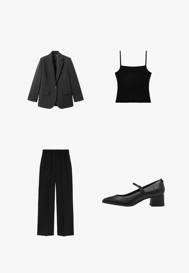 Sort blazer lavet af glat stof med en hakket revers, enkelt knaplukning og to forlommer. Enkel, skræddersyet design.; Sort cropped tanktop med tynde spaghetti-stropper og en lige halsudskæring, vist på en hvid baggrund.; Marks & Spencer WIDE LEG - Bukser - black; Sorte læder lavhælede pumps med spidse tæer, ankelrem og struktureret finish. Simpelt design med en robust blokhæl.
