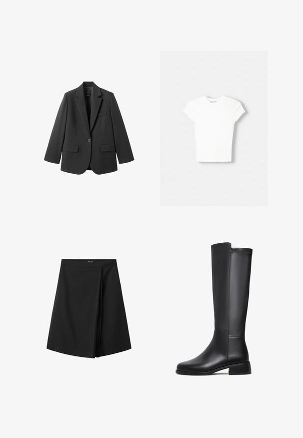 Sort blazer lavet af glat stof med en hakket revers, enkelt knaplukning og to forlommer. Enkel, skræddersyet design.; Hvid kortærmet t-shirt lavet af blød bomuld, med rund halsudskæring og en tætsiddende form. Ingen synlige mønstre eller udsmykninger.; Sort knælængde nederdel med en lige linning og et overlappende foldedetalje foran, vist på en hvid baggrund.; Sorte læderknæhøje støvler med en glat tekstur, rund tå, lav blokhæl og diskret syning langs siden.