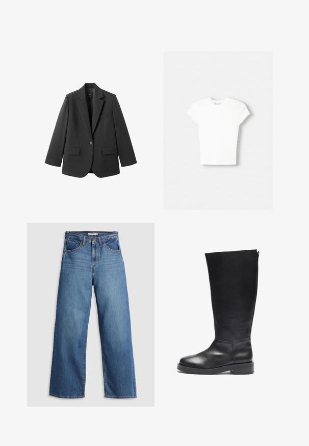 Blazer noir en tissu lisse, doté d'un revers cranté, d'une fermeture à un bouton et de deux poches avant. Design simple et ajusté.; T-shirt blanc à manches courtes en coton doux, avec un col rond et une coupe ajustée. Pas de motifs ni d'ornements visibles.; Jean large en denim bleu à taille haute, doté de cinq poches, de coutures contrastantes et d'une fermeture éclair.; Botte noire en cuir, montante jusqu'au genou, avec un bout arrondi, une finition lisse, un talon carré et une fermeture éclair à l'arrière pour un enfilage facile.