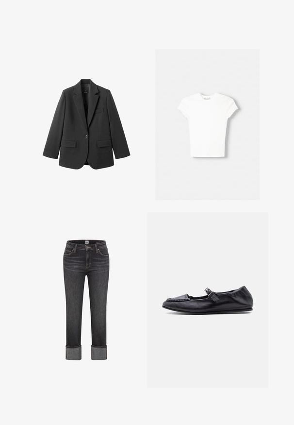 Schwarzer Blazer aus glattem Stoff mit Reverskragen, Ein-Knopf-Verschluss und zwei Vorderentaschen. Einfaches, maßgeschneidertes Design.; Weißes kurzärmliges T-Shirt aus weicher Baumwolle, mit Rundhalsausschnitt und figurbetonter Form. Keine sichtbaren Muster oder Verzierungen.; Dunkelgraue gerade geschnittene Jeans mit umgeschlagenen Säumen, vorderem Knopf und Reißverschluss, Gürtelschlaufen sowie Vorder- und Gesäßtaschen.; Schwarzer flacher Lederschuh mit einem kleinen Schnallenriemen über dem Spann und einer abgerundeten, genähten Spitze.