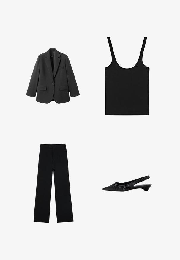 Zwart colbert van gladde stof, met een inkeping op de revers, enkele knoopsluiting en twee voorzakken. Eenvoudig, op maat gemaakt ontwerp.; Zwarte mouwloze tanktop met dunne bandjes en een ronde halslijn, plat gelegd op een witte achtergrond.; Zwarte wijde broek van gladde stof, met een ritssluiting aan de voorkant en twee plooien voor extra detail. Over het geheel een nauwkeurige pasvorm.; Zwarte leren slingback schoen met een spitse neus, geplooide details en een lage hak. Gladde textuur en minimalistisch ontwerp.