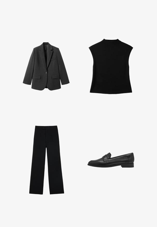 Sort blazer lavet af glat stof med en hakket revers, enkelt knaplukning og to forlommer. Enkel, skræddersyet design.; Sort ærmeløs striktop med høj rund halsudskæring og let udvidet kant.; Sorte vidde bukser lavet af glat stof, med en frontknaplukning og to plissee for ekstra detaljer. Skræddersyet design i det hele taget.; Sort læder loafersko med en glat tekstur, rund tå og en lille hævet stroppedesign. Har en lav, solid hæl.