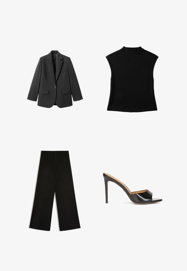 Sort blazer lavet af glat stof med en hakket revers, enkelt knaplukning og to forlommer. Enkel, skræddersyet design.; Sort ærmeløs striktop med høj rund halsudskæring og let udvidet kant.; Sorte bukser med vidde ben, bæltestropper, knaplukning foran og lynlås, lagt fladt på hvid baggrund.; Sorte open-toe hæle mules med en blank læderfinish, taperet blokhæl og et glat buet bånd over vristen.