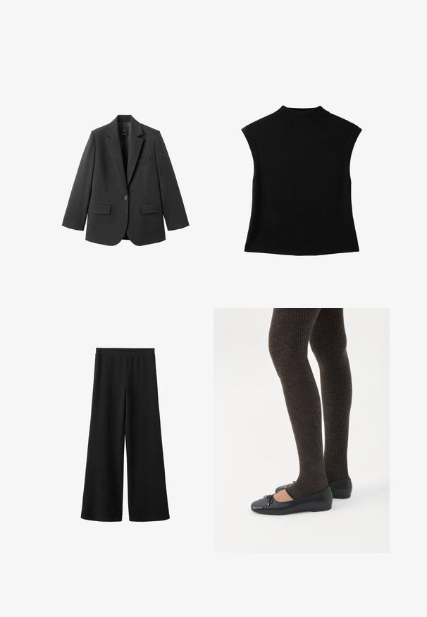 Blazer noir en tissu lisse, doté d'un revers cranté, d'une fermeture à un bouton et de deux poches avant. Design simple et ajusté.; Haut en maille noir sans manches avec un col rond haut et un ourlet légèrement évasé.; Pantalon noir à jambes larges en tissu doux, avec une taille haute sans attaches ni poches visibles. Texture lisse sur toute la surface.; Jambes portant des leggings côtelés foncés associés à des ballerines noires avec de petits détails en nœud sur fond blanc.