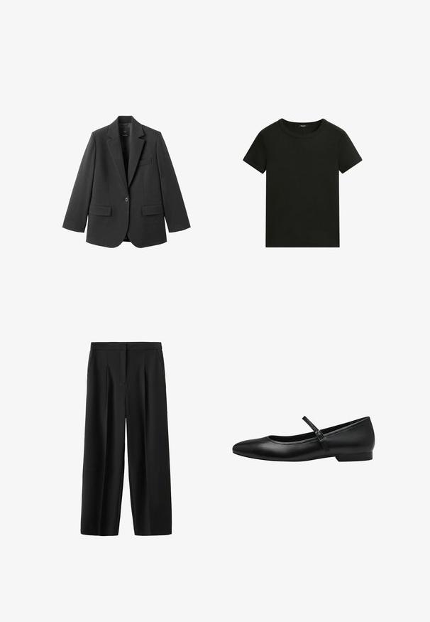 Blazer noir en tissu lisse, doté d'un revers cranté, d'une fermeture à un bouton et de deux poches avant. Design simple et ajusté.; T-shirt noir uni à manches courtes et col rond, au design simple et ajusté, sur fond blanc.; Pantalon noir à jambes larges, cintré, avec plis à l'avant et poches latérales, doté d'une ceinture ajustée et d'une fermeture frontale cachée.; Ballerines en cuir noir avec un bout rond, une sangle unique sur le coup de pied et un petit talon rectangulaire. Texture lisse.