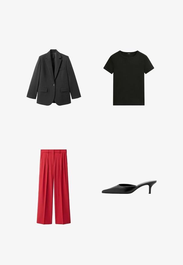 Sort blazer lavet af glat stof med en hakket revers, enkelt knaplukning og to forlommer. Enkel, skræddersyet design.; Enkel sort kortærmet t-shirt med rund hals og simpel, tætsiddende pasform mod en hvid baggrund.; Røde, højtaljede, plisserede brede bukser lavet af glat stof. Har bæltestropper og en frontlukning med lynlås. Klassisk skræddersyet design.; Sort læder mule med spids tå, lav, slank hæl og design uden hæl, som man nemt kan træde i.