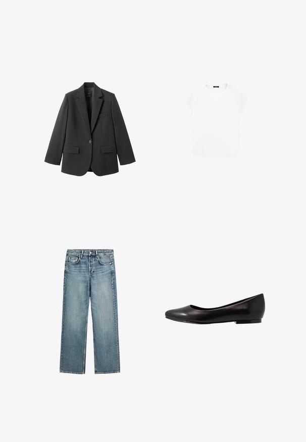 Sort blazer lavet af glat stof med en hakket revers, enkelt knaplukning og to forlommer. Enkel, skræddersyet design.; Hvid bomulds t-shirt med rund halsudskæring og korte ærmer. Enkel design, ingen mønstre eller accenter. Blød, glat tekstur.; Lyseblå straight-leg denim jeans med forlommer, bæltestropper og knaplukning i taljen.; Sort ballette sko lavet af glat læder med rund tå og lav, flad sål. Har en glat overflade med et enkelt og strømlinet design.
