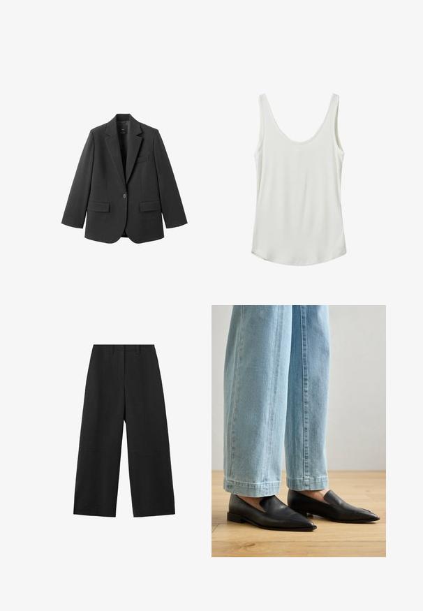 Blazer noir en tissu lisse, doté d'un revers cranté, d'une fermeture à un bouton et de deux poches avant. Design simple et ajusté.; Débardeur blanc à côtes avec un encolure dégagée et des bretelles fines. Fabriqué en tissu doux avec une texture lisse. Hem arrondi en bas.; Pantalon noir à jambes larges avec passants pour ceinture, poches avant et une couture descendant le long de chaque jambe.; Chaussures en cuir noir à bout pointu et à enfilage, associées à un jean large bleu clair, sur un sol en bois.