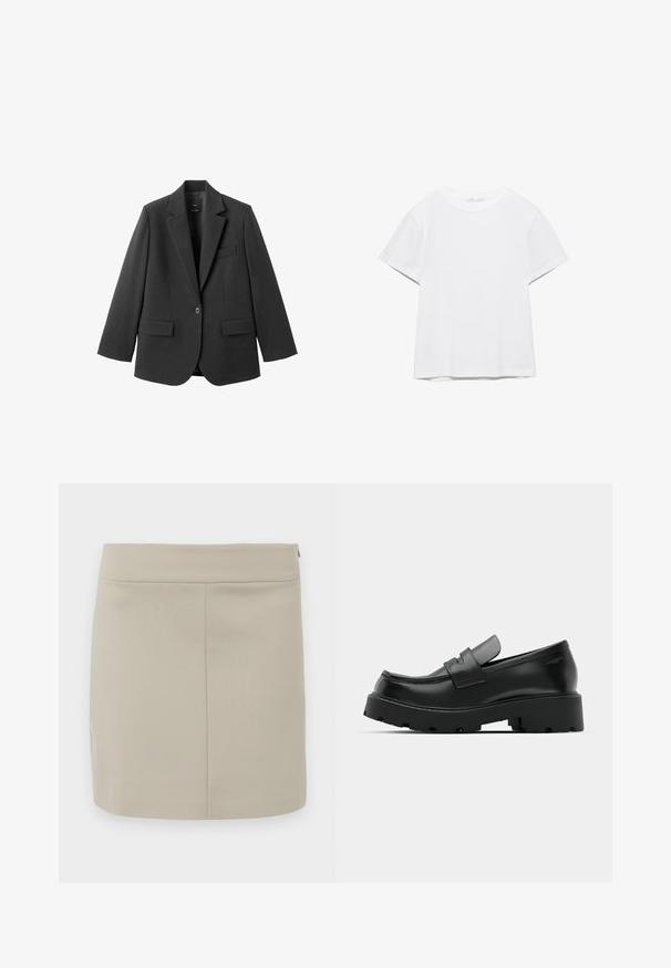 Blazer noir en tissu lisse, doté d'un revers cranté, d'une fermeture à un bouton et de deux poches avant. Design simple et ajusté.; T-shirt blanc uni à manches courtes et col rond, avec un ourlet droit, présenté sur un fond blanc.; Jupe mini beige en tissu lisse, présentant une coupe droite, un design simple et une fermeture éclair cachée sur le côté.; Mocassins en cuir noir avec une semelle épaisse et texturée, dotés d'une sangle sur le vamp et d'une finition lisse et polie.