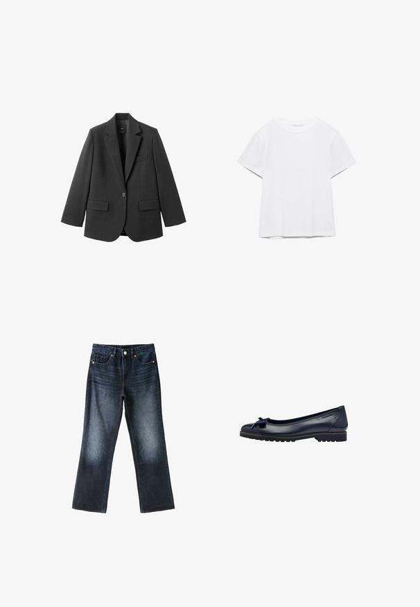 Blazer noir en tissu lisse, doté d'un revers cranté, d'une fermeture à un bouton et de deux poches avant. Design simple et ajusté.; T-shirt blanc uni à manches courtes et col rond, avec un ourlet droit, présenté sur un fond blanc.; Jean bleu foncé à jambes droites avec poches avant, passants de ceinture, fermeture par bouton et légère décoloration aux cuisses et aux genoux.; Ballerines en cuir bleu marine avec un petit nœud, bout rond et semelle texturée avec un petit talon.