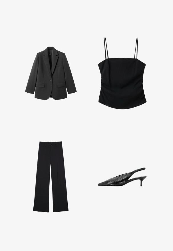 Blazer noir en tissu lisse, doté d'un revers cranté, d'une fermeture à un bouton et de deux poches avant. Design simple et ajusté.; Haut noir sans manches pour femme avec fines bretelles spaghetti et encolure droite, présentant une silhouette légèrement froncée et ajustée.; Pantalon noir à jambes larges avec passants de ceinture, bouton frontal et fermeture éclair, étalé à plat sur un fond blanc.; Escarpin slingback noir à bout pointu avec petit talon kitten bas et ornements en clous argentés recouvrant la tige.