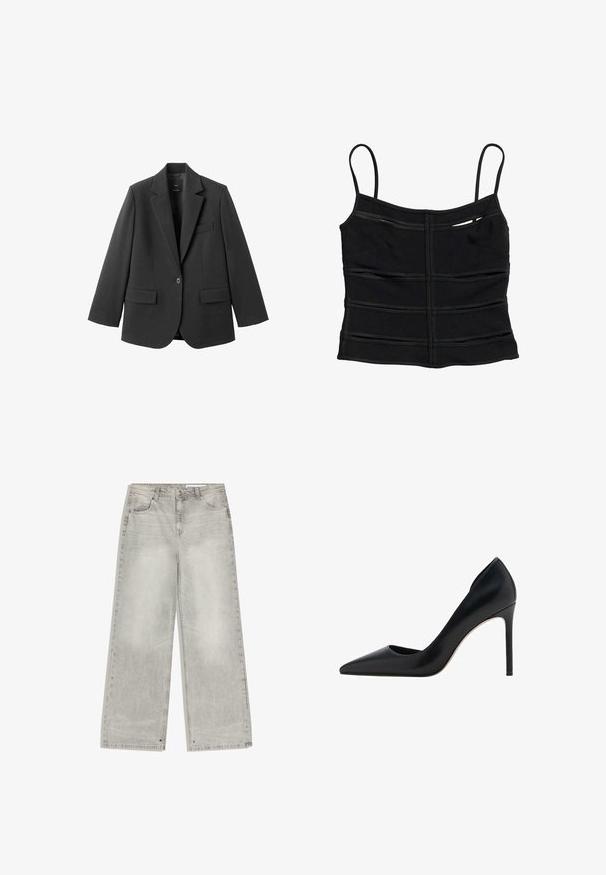 Sort blazer lavet af glat stof med en hakket revers, enkelt knaplukning og to forlommer. Enkel, skræddersyet design.; Sort tætsiddende crop top med tynde skulderstropper og vandrette sømdetaljer på stoffet.; Lysegrå jeans med vide ben, forlommer, bæltestropper og knaplukning.; Mango Højhælede pumps - black
