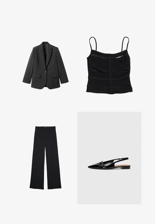 Sort blazer lavet af glat stof med en hakket revers, enkelt knaplukning og to forlommer. Enkel, skræddersyet design.; Sort tætsiddende crop top med tynde skulderstropper og vandrette sømdetaljer på stoffet.; Sorte bukser med vide ben, bæltestropper, knaplukning foran og lynlås, lagt fladt på en hvid baggrund.; Sorte patenterede læderslipsko med spids tå, minimalistisk design, lille hæl og sølvfarvet spænde på remmen.