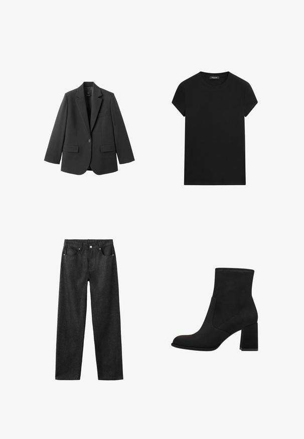 Schwarzer Blazer aus glattem Stoff mit Reverskragen, Ein-Knopf-Verschluss und zwei Vorderentaschen. Einfaches, maßgeschneidertes Design.; Schwarzes T-Shirt mit kurzen Ärmeln und Rundhalsausschnitt, mit sichtbarem Markenlabel am Ausschnitt, mittig auf weißem Hintergrund.; Schwarze Jeans mit geradem Bein, fünf Taschen, silberner Hardware und glatter Textur.; Schwarze Knöchelstiefel mit Blockabsatz, aus weichem Wildleder. Mit einer abgerundeten Zehe und glatten Seitenpaneelen mit detaillierter Naht.