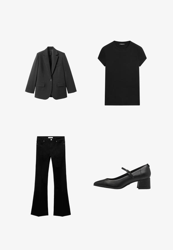 Sort blazer lavet af glat stof med en hakket revers, enkelt knaplukning og to forlommer. Enkel, skræddersyet design.; Sort T-shirt med korte ærmer og rund hals med synligt mærke i halsudskæringen, centralt placeret på en hvid baggrund.; Sort flared jeans i en bomuldsblanding. Forlommer, lynlås og knaplukning. Glat tekstur og rene linjer gennem hele designet.; Sorte læder lavhælede pumps med spidse tæer, ankelrem og struktureret finish. Simpelt design med en robust blokhæl.