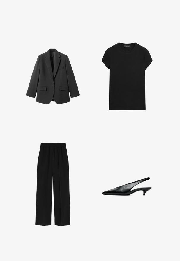 Sort blazer lavet af glat stof med en hakket revers, enkelt knaplukning og to forlommer. Enkel, skræddersyet design.; Sort T-shirt med korte ærmer og rund hals med synligt mærke i halsudskæringen, centralt placeret på en hvid baggrund.; Marks & Spencer WIDE LEG - Bukser - black; Sort læder slingback kitten heel sko med spids tå og lav buet hæl på hvid baggrund.