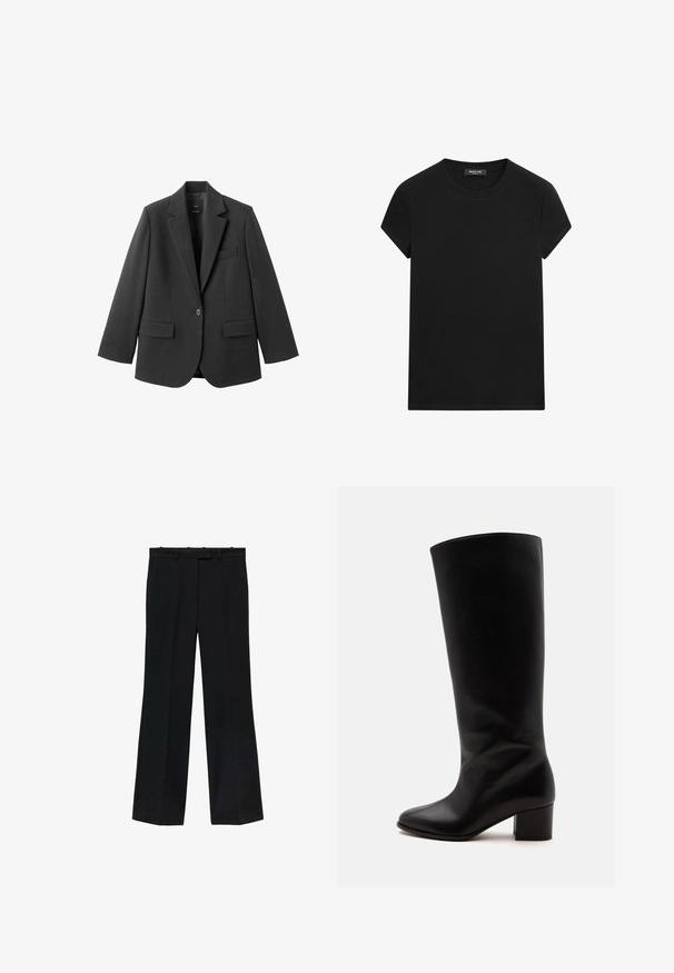 Sort blazer lavet af glat stof med en hakket revers, enkelt knaplukning og to forlommer. Enkel, skræddersyet design.; Sort T-shirt med korte ærmer og rund hals med synligt mærke i halsudskæringen, centralt placeret på en hvid baggrund.; Sorte bukser med lige pasform, lavet af glat stof. Har en talje med bæltestropper og ingen synlige mærker eller dekorationer.; Sort knæhøj læderstøvle med rund tå og lav blokhæl, vist fra ydersiden på en ensfarvet baggrund.