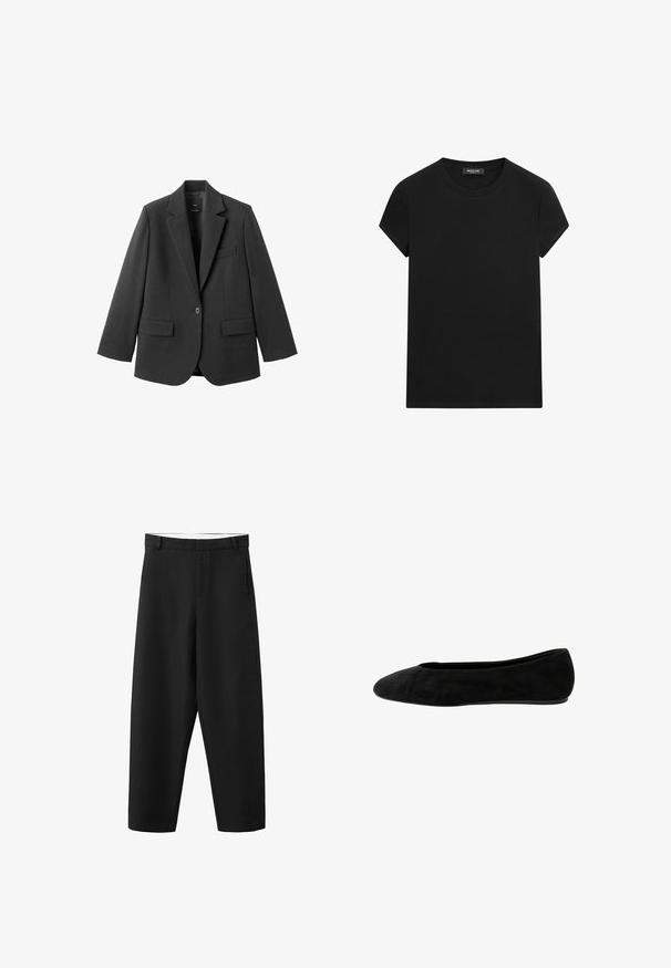 Blazer noir en tissu lisse, doté d'un revers cranté, d'une fermeture à un bouton et de deux poches avant. Design simple et ajusté.; T-shirt noir à manches courtes avec un col rond et une étiquette de marque visible à l'encolure, centré sur un fond blanc.; Pantalon noir à jambes droites avec passants pour ceinture, fermeture éclair à l'avant, et un design épuré et simple, adapté pour une tenue formelle ou décontractée.; Ballerine en suede noire avec un bout rond, texture lisse, talon bas et design simple sans embellissements.