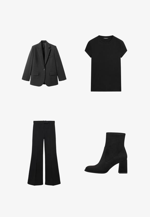Sort blazer lavet af glat stof med en hakket revers, enkelt knaplukning og to forlommer. Enkel, skræddersyet design.; Sort T-shirt med korte ærmer og rund hals med synligt mærke i halsudskæringen, centralt placeret på en hvid baggrund.; Sorte bredbenede bukser med høj talje, struktureret design og forreste indsnit. Fremstillet af et glat stof med en diskret taljebånd og bæltesløjfer.; Sorte ankelstøvler med blokhæl, lavet af blødt suede. Har en rund tå og glatte sidestykker med syningsdetaljer.