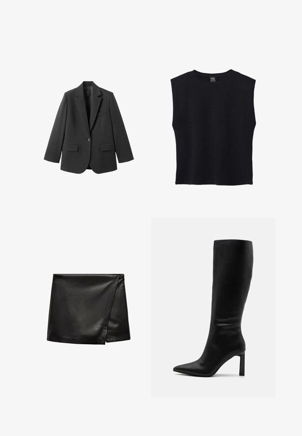 Blazer noir en tissu lisse, doté d'un revers cranté, d'une fermeture à un bouton et de deux poches avant. Design simple et ajusté.; Chemise noire sans manches à col rond, avec un ourlet droit et une étiquette de la marque B5 à l'intérieur du col arrière.; Mini-jupe en cuir noir avec un design à enfiler, présentant une texture lisse et un style minimaliste. Aucun matériel ou motif visible.; Even&Odd by Zalando Bottes - black