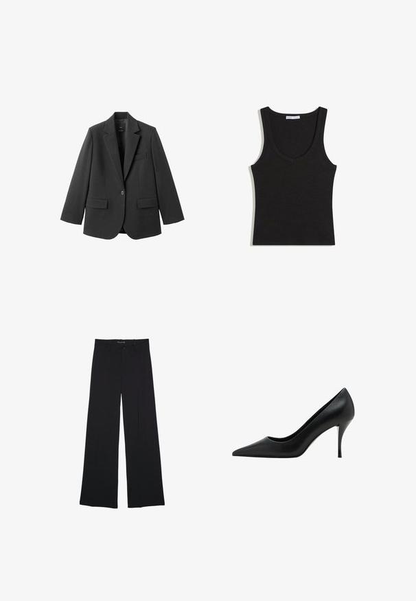 Sort blazer lavet af glat stof med en hakket revers, enkelt knaplukning og to forlommer. Enkel, skræddersyet design.; Sort ribbet ærmeløs tanktop med rund halsudskæring, lagt fladt på en hvid baggrund.; Sorte bukser med vide ben, bæltestropper, knaplukning foran og lynlås, lagt fladt på en hvid baggrund.; Sorte læder højhælede sko med spids tå, glat tekstur og en slank stiletthæl, som har et minimalistisk design.