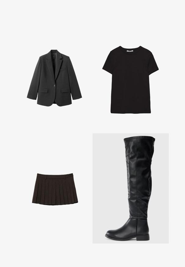 Sort blazer lavet af glat stof med en hakket revers, enkelt knaplukning og to forlommer. Enkel, skræddersyet design.; Sort kortærmet t-shirt i bomuld med rund halsudskæring, standard pasform og synlig indvendig halsmærkat.; Sort plisseret mininederdel med bæltestropper og struktureret taljebånd på hvid baggrund.; Sorte knæhøje støvler lavet af glat læder, med rund tå, lav blokhæl og en let skråning på skaftet med syninger.