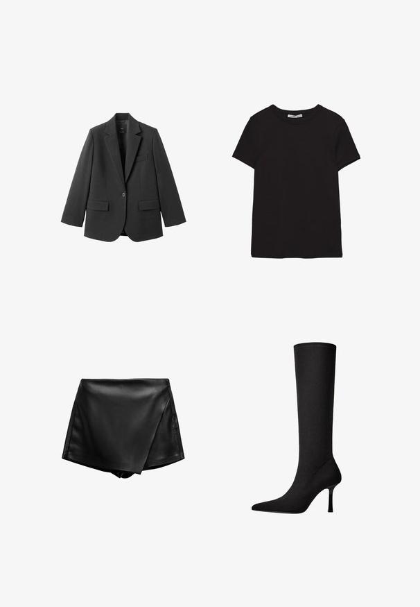 Sort blazer lavet af glat stof med en hakket revers, enkelt knaplukning og to forlommer. Enkel, skræddersyet design.; Sort kortærmet t-shirt i bomuld med rund halsudskæring, standard pasform og synlig indvendig halsmærkat.; Sorte faux læder shorts med høj talje, der har et indviklet design og en glat tekstur. Har rene linjer og ingen synlige lukninger.; Sort knæhøj støvle lavet af et glat stof med spids tå og tynd stilettohæl. Har minimal syning og et strømlinet design.