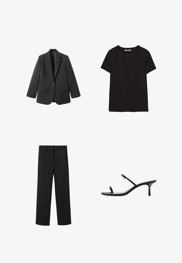 Blazer noir en tissu lisse, doté d'un revers cranté, d'une fermeture à un bouton et de deux poches avant. Design simple et ajusté.; T-shirt noir en coton à manches courtes avec encolure ronde, coupe standard et étiquette intérieure visible au niveau du col.; Pantalon noir à jambes droites avec passants de ceinture, poches latérales, et fermeture éclair avant avec bouton, présenté sur un fond blanc.; Sandale noire à talon bas avec de fines lanières sur les orteils et le milieu du pied, dotée d’un petit talon fin et d’un dos ouvert.