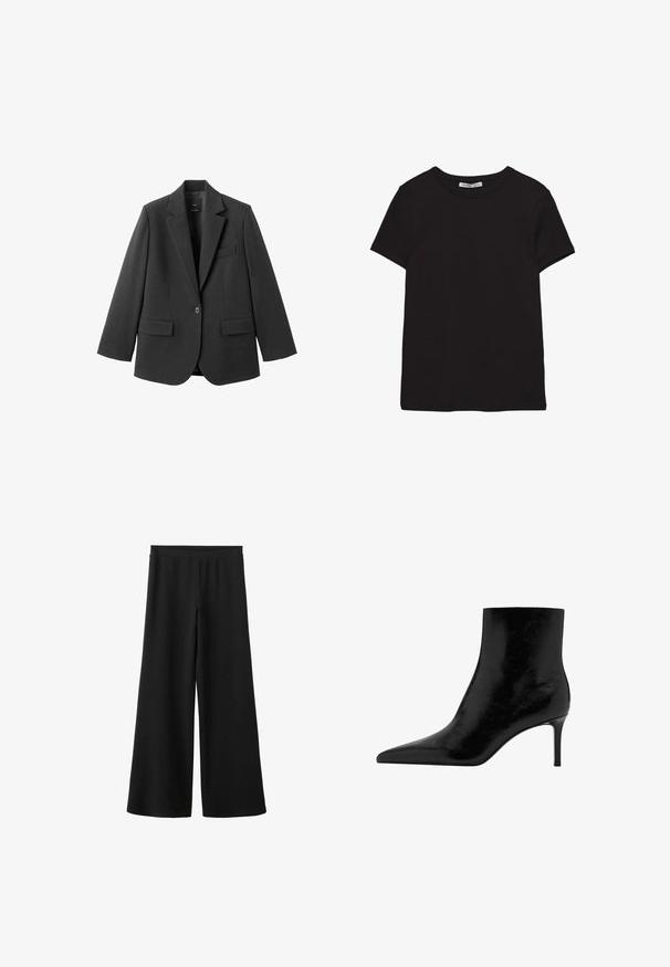 Blazer noir en tissu lisse, doté d'un revers cranté, d'une fermeture à un bouton et de deux poches avant. Design simple et ajusté.; T-shirt noir en coton à manches courtes avec encolure ronde, coupe standard et étiquette intérieure visible au niveau du col.; Pantalon noir à jambes larges en tissu doux, avec une taille haute sans attaches ni poches visibles. Texture lisse sur toute la surface.; Bottines noires à bout pointu, en cuir brillant. Présentent un talon aiguille et une texture lisse. Aucune ornementation visible.