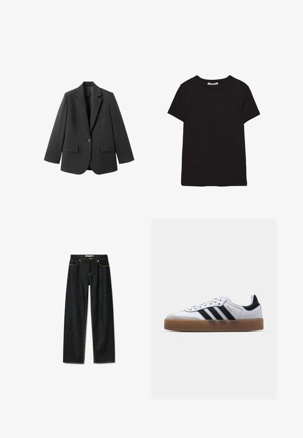 Schwarzer Blazer aus glattem Stoff mit Reverskragen, Ein-Knopf-Verschluss und zwei Vorderentaschen. Einfaches, maßgeschneidertes Design.; Schwarzes, kurzärmliges Baumwoll-T-Shirt mit rundem Halsausschnitt, Standardpassform und sichtbarem innerem Nackenetikett.; Dunkelblaue Jeans mit geradem Schnitt, Messingknopfverschluss und kontrastierenden gelben Nähten. Verfügt über fünf Taschen und eine klassische Passform.; Weiße Leder Sneakers mit schwarzen Streifen, Gummigummi-Außensohle, runder Zehenform, Schnürverschluss und weichem grauem Wildleder-Zehenkappe.