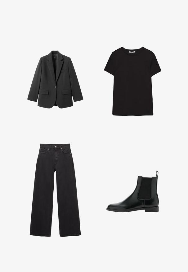 Schwarzer Blazer aus glattem Stoff mit Reverskragen, Ein-Knopf-Verschluss und zwei Vorderentaschen. Einfaches, maßgeschneidertes Design.; Schwarzes, kurzärmliges Baumwoll-T-Shirt mit rundem Halsausschnitt, Standardpassform und sichtbarem innerem Nackenetikett.; Schwarze Jeans mit weitem Bein aus Denim, ausgestattet mit hoher Taille, fünf Taschen und einem Knopfverschluss mit dezenten Nahtdetails.; Schwarze Leder Chelsea-Stiefelette mit elastischem Seitenpanel, runder Spitze, flachem Absatz und Zugschlaufe hinten. Glatte Textur und minimalistisches Design.