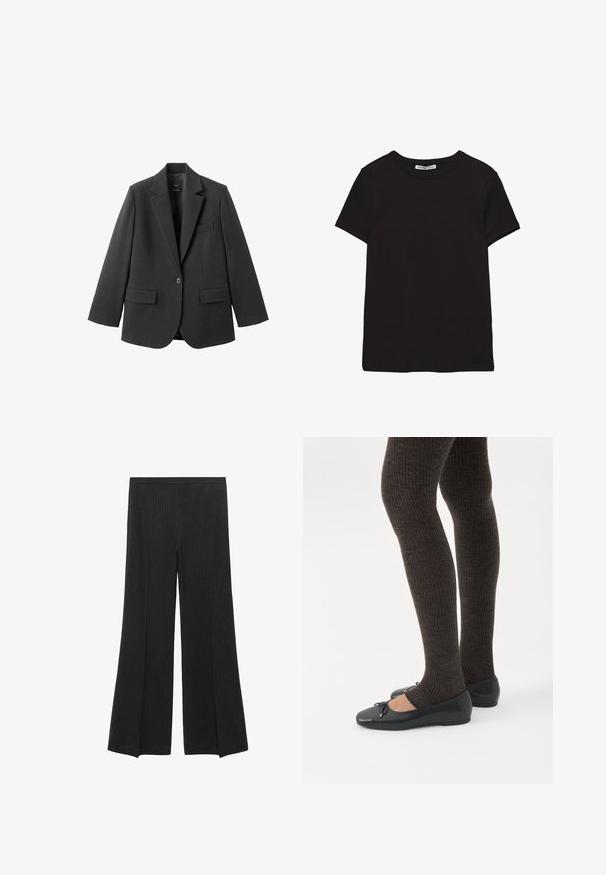 Sort blazer lavet af glat stof med en hakket revers, enkelt knaplukning og to forlommer. Enkel, skræddersyet design.; Sort kortærmet t-shirt i bomuld med rund halsudskæring, standard pasform og synlig indvendig halsmærkat.; Sorte brede bukser med diskrete lodrette striber og elastisk talje, præsenteret fladt på en hvid baggrund.; Ben iført mørke ribbede leggings kombineret med sorte balletsko med små sløjfedetaljer på hvid baggrund.