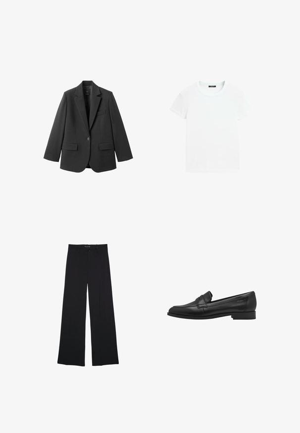 Sort blazer lavet af glat stof med en hakket revers, enkelt knaplukning og to forlommer. Enkel, skræddersyet design.; Hvid t-shirt med korte ærmer og rund halsudskæring, lagt fladt på en hvid baggrund.; Sorte bukser med vide ben, bæltestropper, knaplukning foran og lynlås, lagt fladt på en hvid baggrund.; Sort læder loafersko med en glat tekstur, rund tå og en lille hævet stroppedesign. Har en lav, solid hæl.