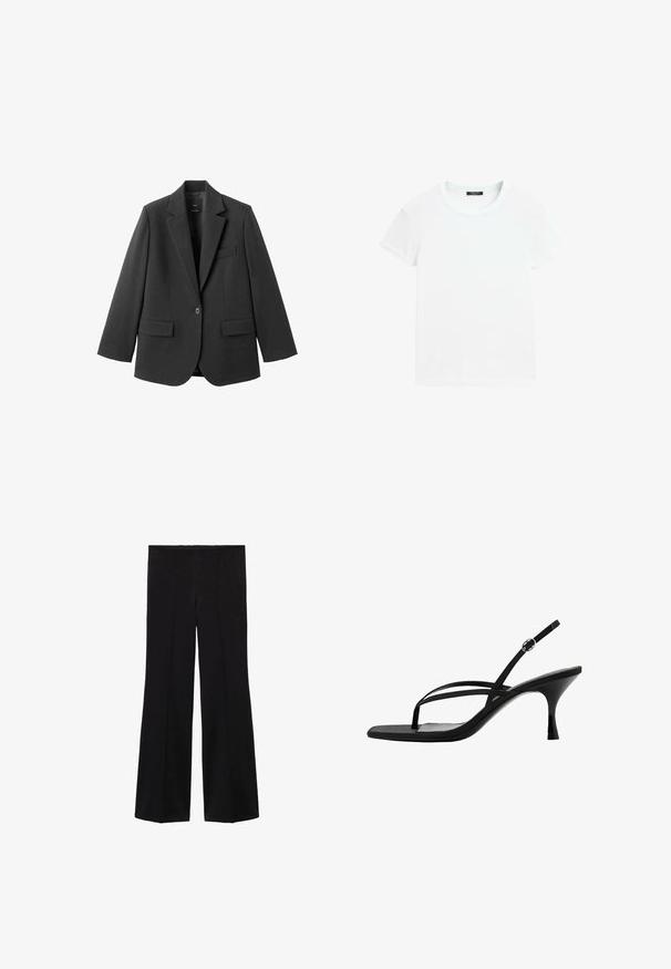 Sort blazer lavet af glat stof med en hakket revers, enkelt knaplukning og to forlommer. Enkel, skræddersyet design.; Hvid t-shirt med korte ærmer og rund halsudskæring, lagt fladt på en hvid baggrund.; Sorte højtaljede bukser med brede ben og for- søm detaljer, lavet af et glat stof.; Sort højhælet sandal med tynde stropper, ankelstroppen med spænde og en midthøj konisk hæl.