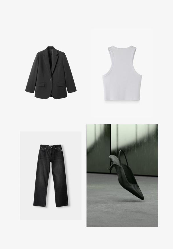 Zwart colbert van gladde stof, met een inkeping op de revers, enkele knoopsluiting en twee voorzakken. Eenvoudig, op maat gemaakt ontwerp.; Witte geribde cropped tanktop met een racerback ontwerp en ronde halslijn, plat gelegd op een witte achtergrond.; Bershka Straight leg jeans - mottled dark grey; Zwarte leren slingback pumps met hoge hak en spits toelopende neus zwevend boven een grijs tapijtvloer, wazige groenachtige muur op de achtergrond.