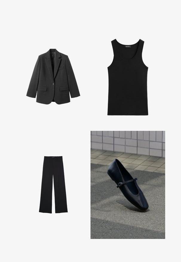 Sort blazer lavet af glat stof med en hakket revers, enkelt knaplukning og to forlommer. Enkel, skræddersyet design.; Sort ærmeløs tanktop med rund halsudskæring, lavet af glat stof, viser en lille mærkeetiket inde i kraven.; Sorte bredbenede bukser lavet af et glat stof. Har en klassisk pasform, forlommer og en talje med knaplukning.; Sort læder Mary Jane flad sko med en lille spænde rem, placeret på en grå asfalt overflade nær en flisebelagt væg.