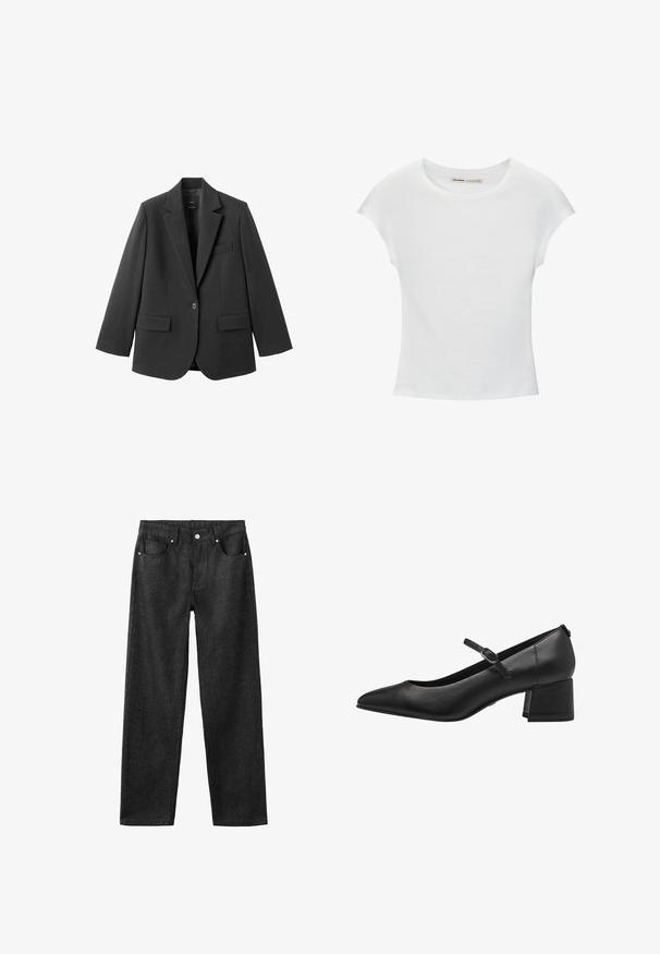 Sort blazer lavet af glat stof med en hakket revers, enkelt knaplukning og to forlommer. Enkel, skræddersyet design.; Hvid bomuld t-shirt med korte, opsmøgede ærmer, rund halsudskæring og lige kant. Glat tekstur uden synlige mønstre eller detaljer.; Sorte denimbukser med lige ben, der har fem lommer, sølvhardware og en glat tekstur.; Sorte læder lavhælede pumps med spidse tæer, ankelrem og struktureret finish. Simpelt design med en robust blokhæl.