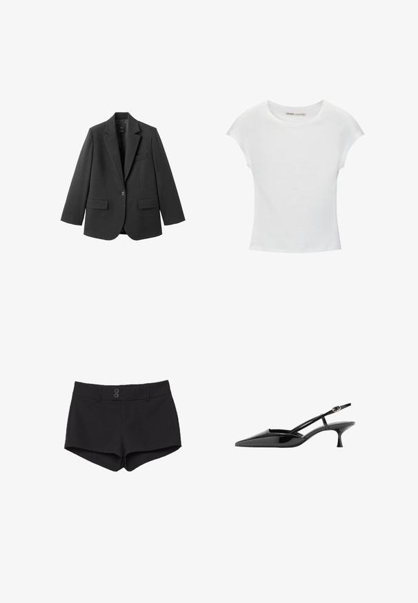 Blazer noir en tissu lisse, doté d'un revers cranté, d'une fermeture à un bouton et de deux poches avant. Design simple et ajusté.; T-shirt en coton blanc avec manches courtes retroussées, encolure ronde et ourlet droit. Texture lisse sans motifs ni accents visibles.; Shorts noirs en tissu à la texture lisse. Dotés d'une taille élastique, de deux poches avant et de deux boutons noirs à l'avant.; Chaussure noire en cuir verni à bout pointu, talon kitten, fine bride à la cheville avec boucle dorée.