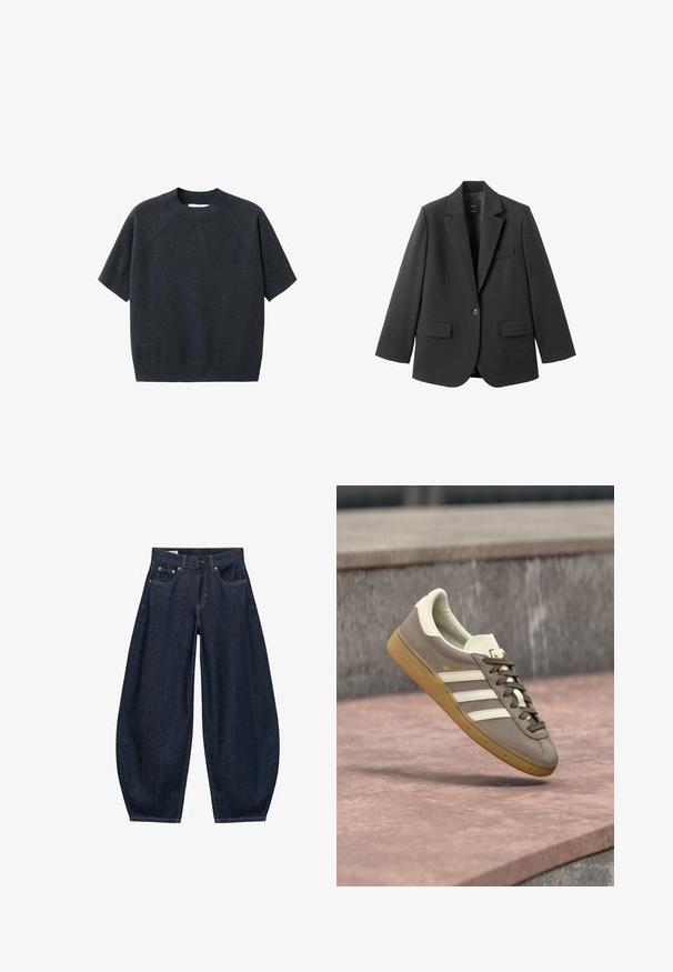 Blazer noir en tissu lisse, doté d'un revers cranté, d'une fermeture à un bouton et de deux poches avant. Design simple et ajusté.; Pull tricot coupe courte gris foncé à manches courtes avec col rond, présentant une coupe ample et des manches raglan, fabriqué à partir d'un tissu doux et texturé.; Jean en denim bleu foncé à jambes larges avec poches avant, passants de ceinture et fermeture par bouton à la taille.; Baskets Adidas en suède marron clair avec des rayures blanches et une semelle gomme, suspendues au-dessus de marches en pierre rose en plein air.