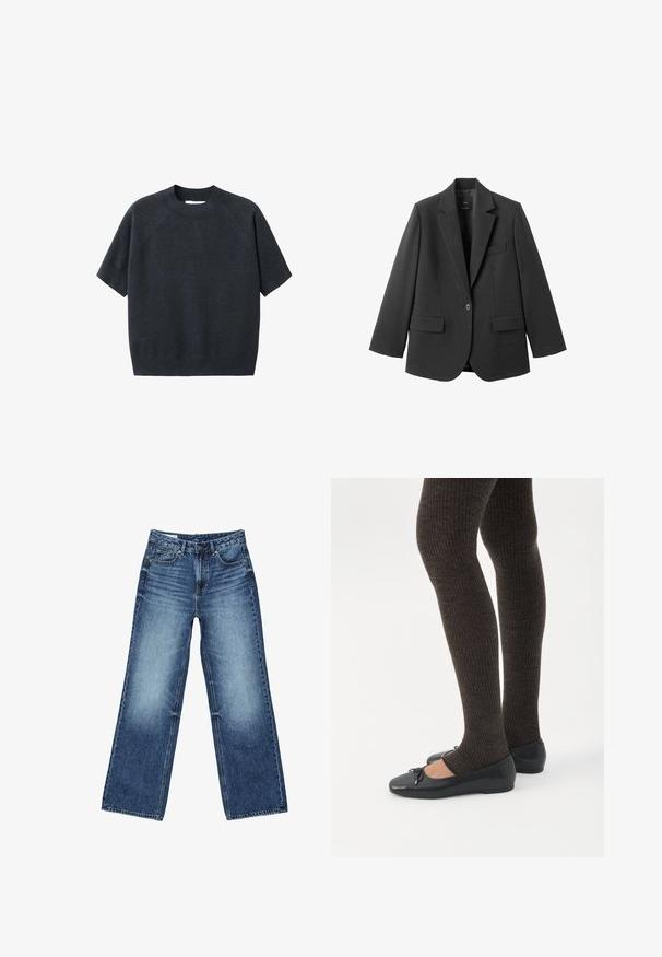 Sort blazer lavet af glat stof med en hakket revers, enkelt knaplukning og to forlommer. Enkel, skræddersyet design.; Mørkegrå kortærmet striktrøje med rund hals, fremhævet af en løs pasform og raglanærmer, lavet af et blødt, tekstureret stof.; Blå vidtsiddende jeans i denim med forlommer og møntlomme foran, knaplukning og falmet vask på lår og knæ.; Ben iført mørke ribbede leggings kombineret med sorte balletsko med små sløjfedetaljer på hvid baggrund.