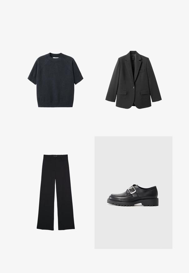 Blazer noir en tissu lisse, doté d'un revers cranté, d'une fermeture à un bouton et de deux poches avant. Design simple et ajusté.; Pull tricot coupe courte gris foncé à manches courtes avec col rond, présentant une coupe ample et des manches raglan, fabriqué à partir d'un tissu doux et texturé.; Pantalon noir à jambes larges avec fermeture par bouton et zip, passants de ceinture et finition lisse et ajustée.; Chaussures en cuir noir avec un bout arrondi, présentant un détail de boucle sur le côté et une semelle épaisse et robuste. Texture lisse avec peu de coutures.